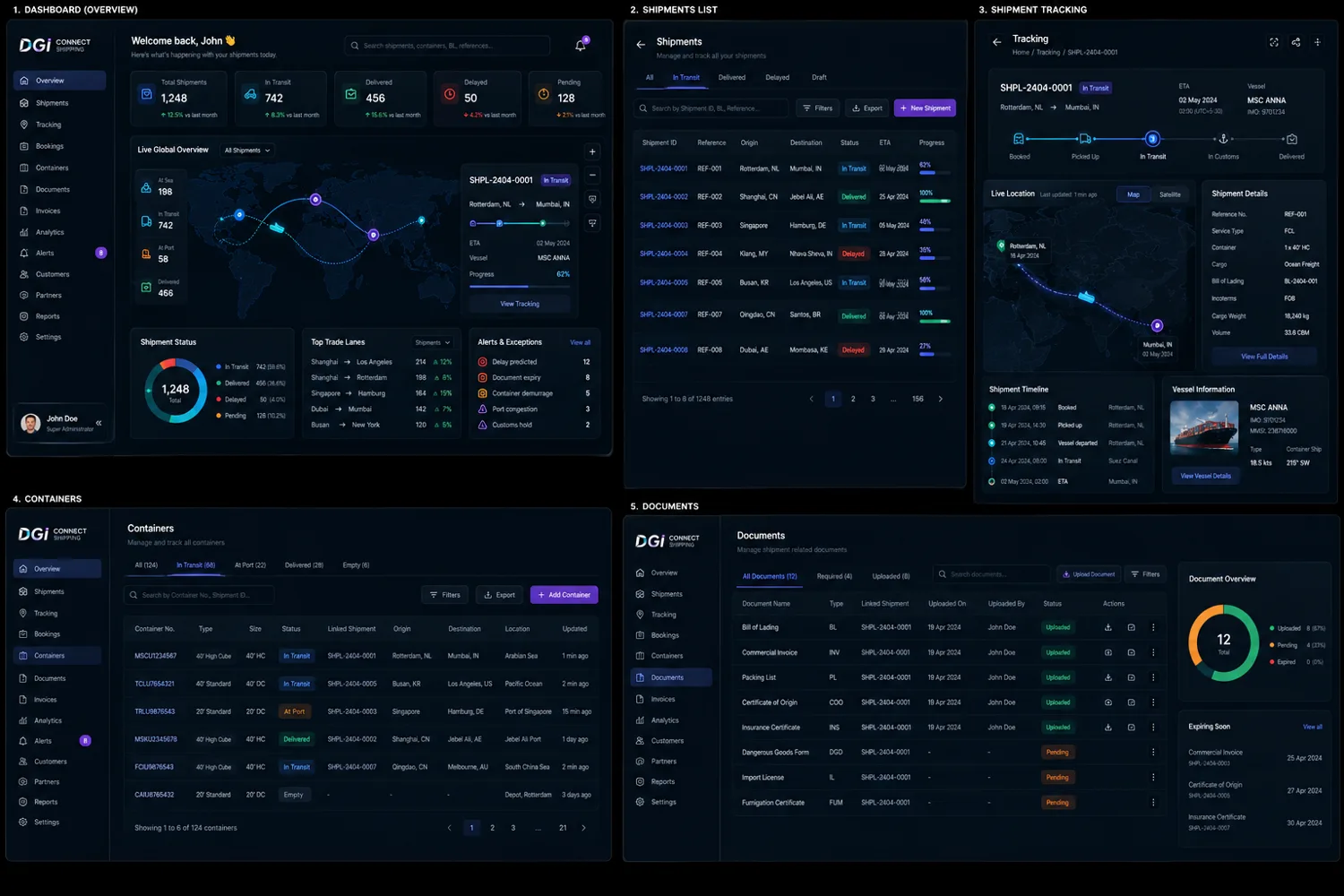 DGi Connect Shipping dark dashboard design