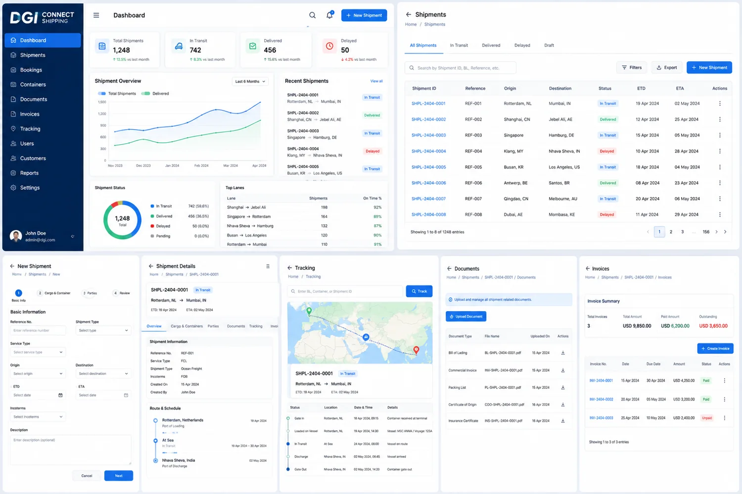 DGi Connect Shipping light dashboard design